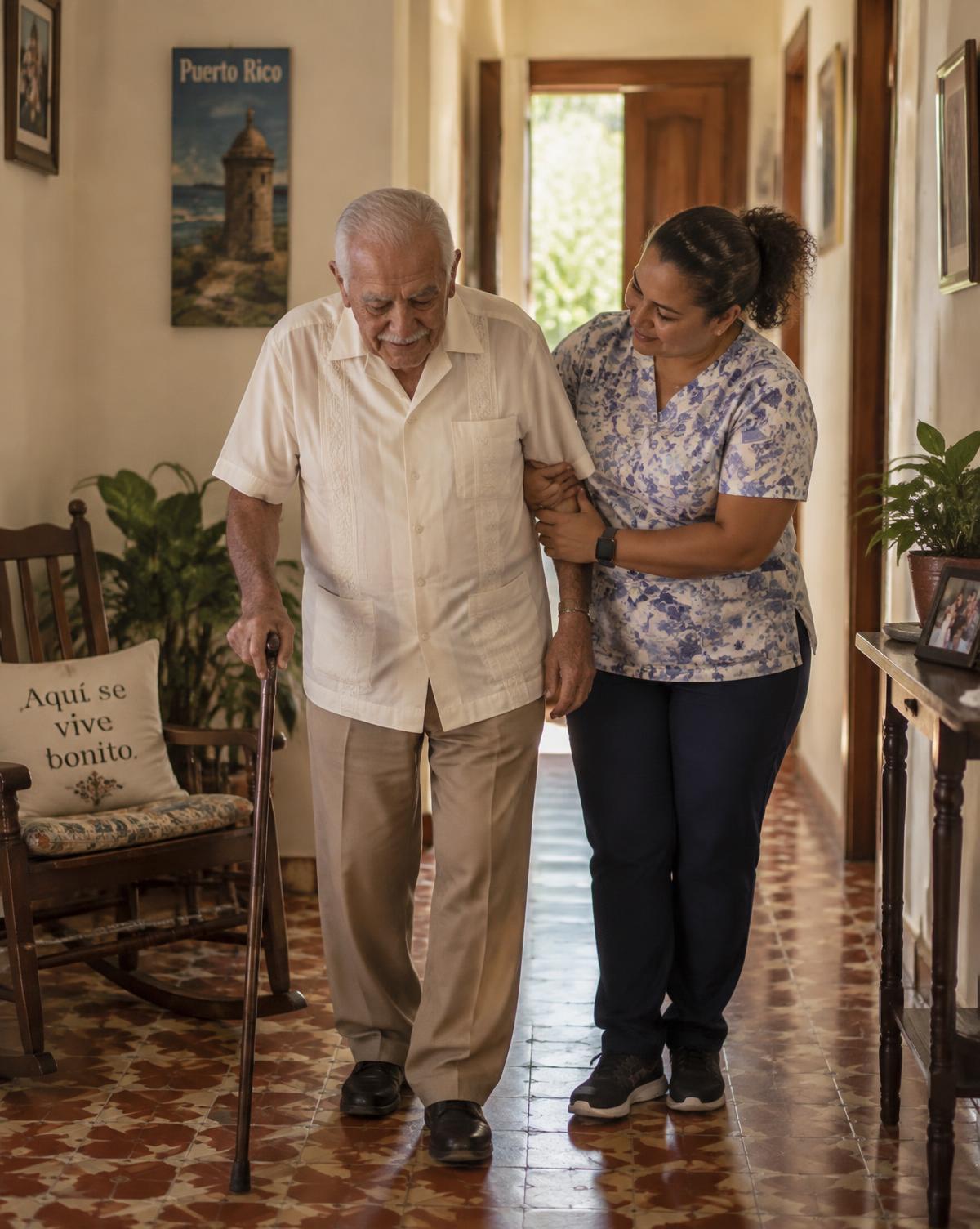 Cuidadora asistiendo a un señor mayor mientras camina por el pasillo de su casa