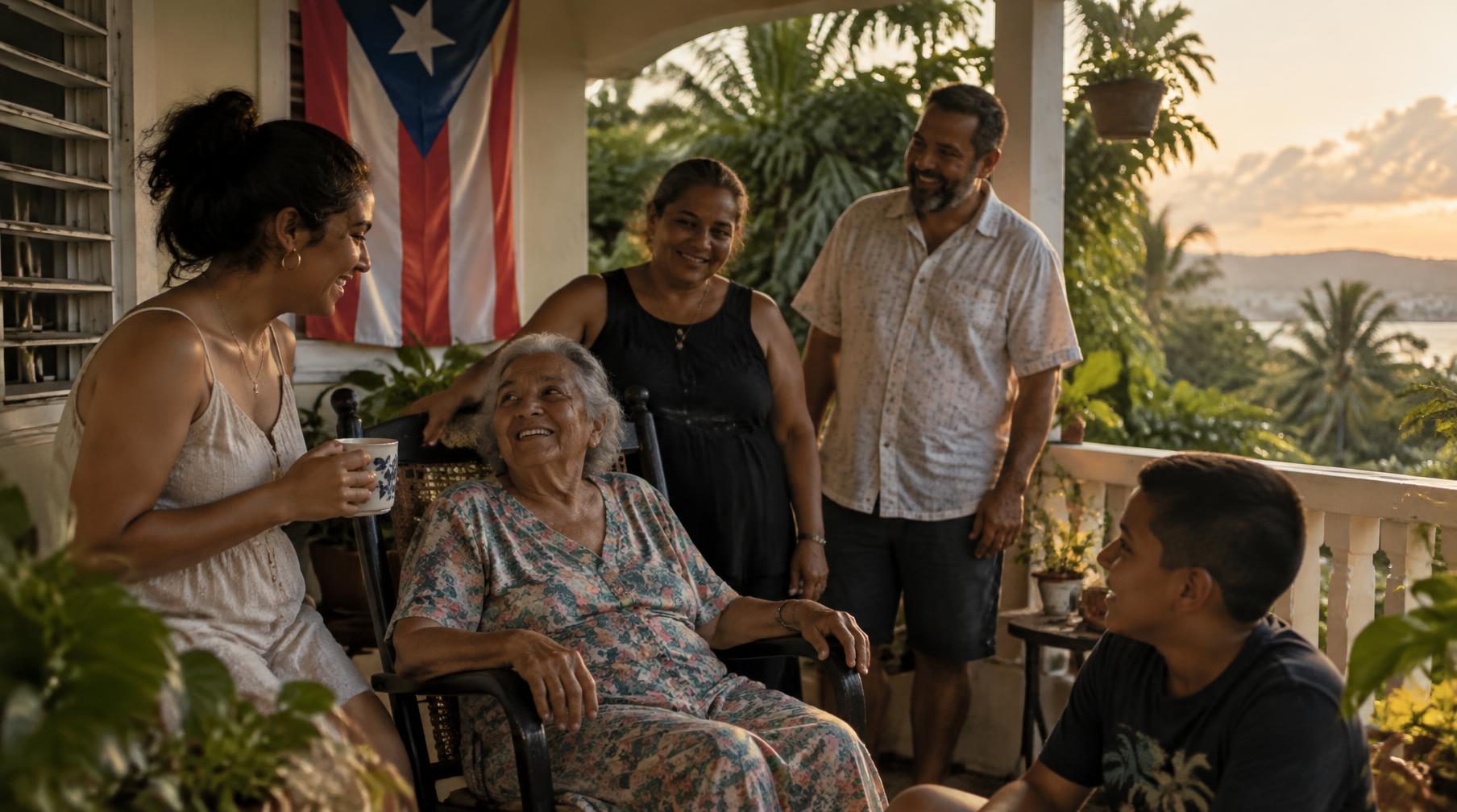 Familia puertorriqueña conversando en el balcón de su hogar al atardecer